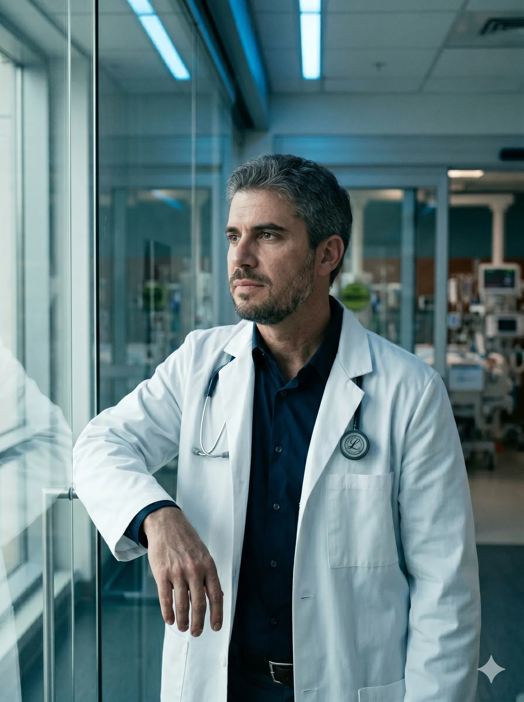 Dr. André Gobatto de jaleco branco em corredor de UTI, com estetoscópio